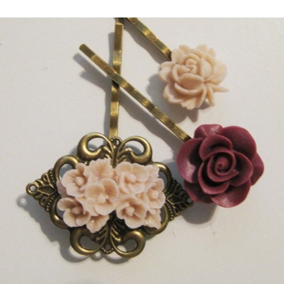 Taupe Peach  Burgundy Maroon Floral Bobby Pin Set B-75 - Picture 1 of 4